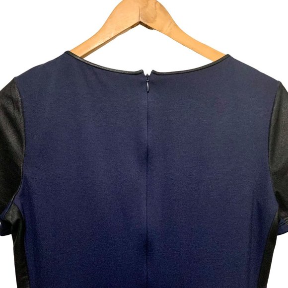 Theory Leilana Leather Trim Shift Dress Womens 10 Navy Blue Black Leather - Picture 7 of 10